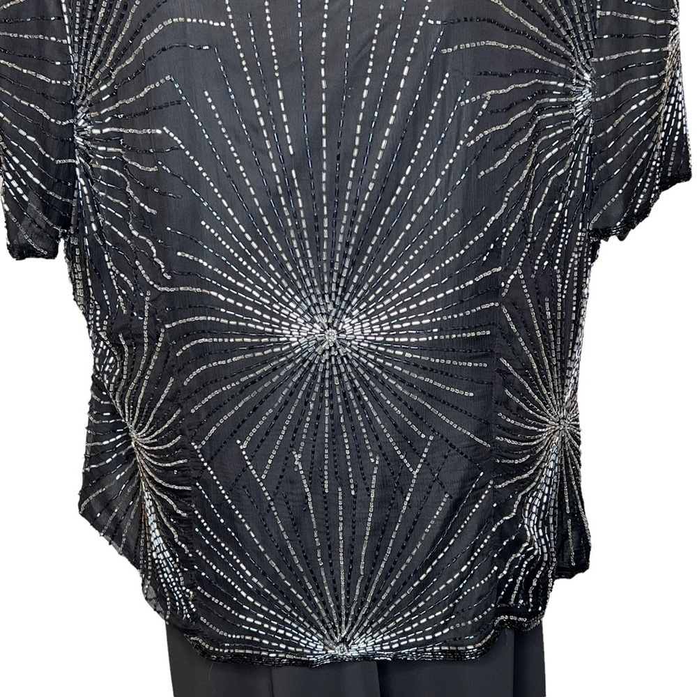 Vintage 80βs Papell Black Silk Beaded Scoop Neck Short Sleeve Cocktail Blouse 3X - Picture 6 of 15